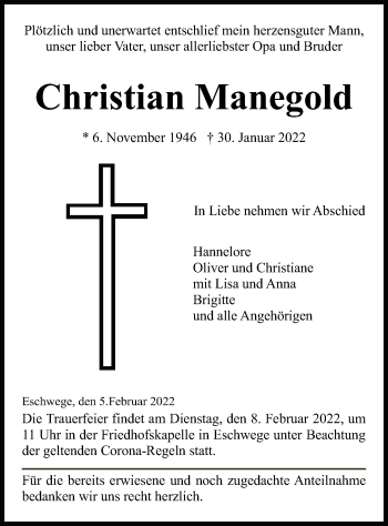 Traueranzeige von Christian Manegold von WRS