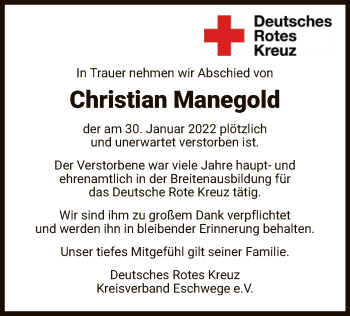 Traueranzeige von Christian Manegold von WRS
