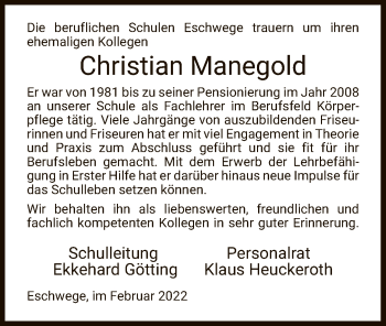 Traueranzeige von Christian Manegold von WRS