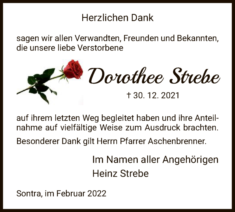  Traueranzeige für Dorothee Strebe vom 05.02.2022 aus WRS