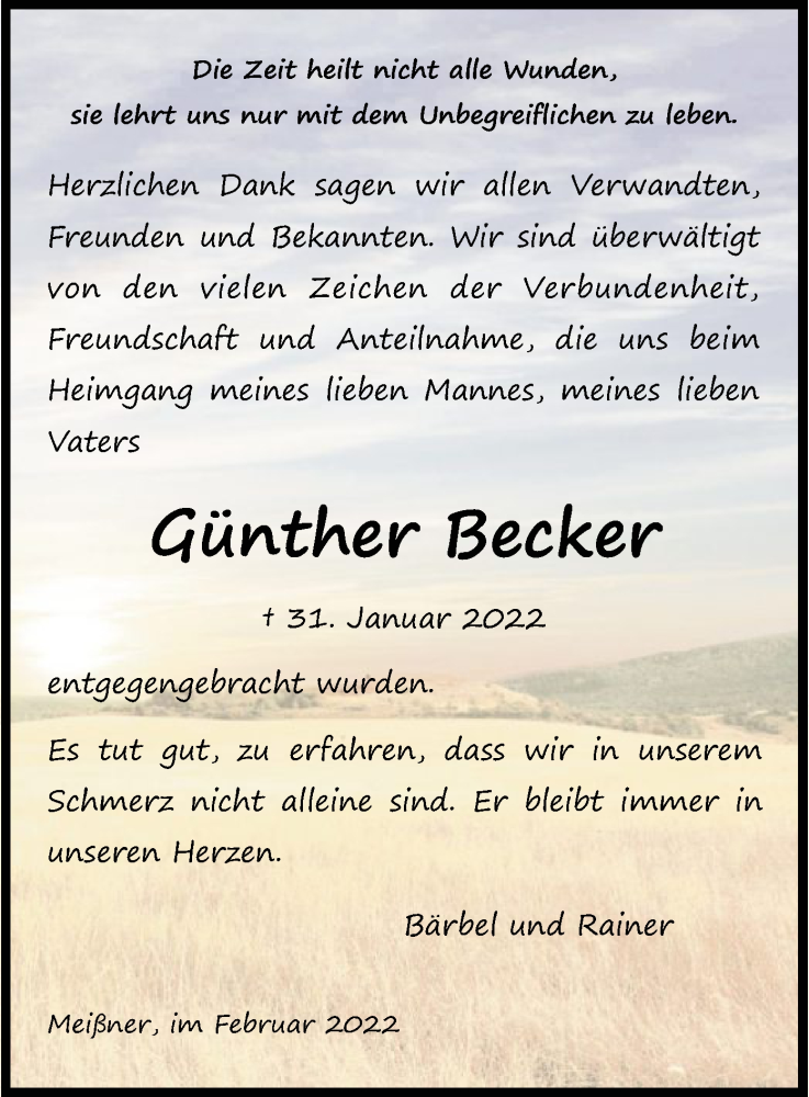  Traueranzeige für Günther Becker vom 23.02.2022 aus WRS