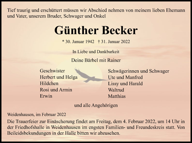  Traueranzeige für Günther Becker vom 03.02.2022 aus WRS