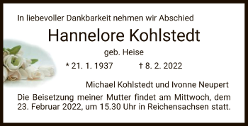 Traueranzeige von Hannelore Kohlstedt von WRS