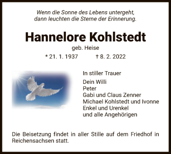 Traueranzeige von Hannelore Kohlstedt von WRS