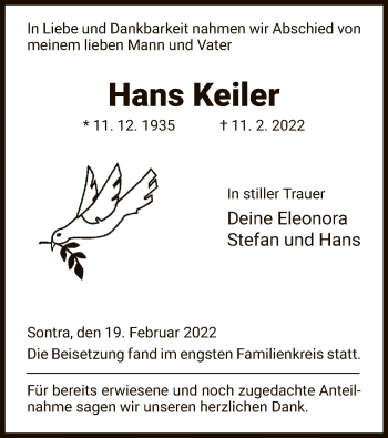 Traueranzeige von Hans Keiler von WRS