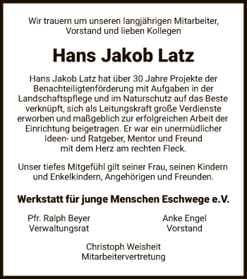 Traueranzeige von Hans Jakob Latz von WRS
