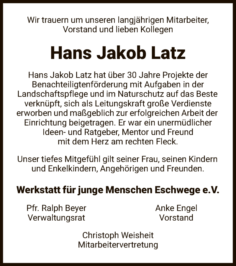  Traueranzeige für Hans Jakob Latz vom 15.02.2022 aus WRS