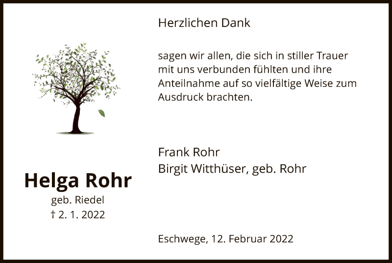  Traueranzeige für Helga Rohr vom 12.02.2022 aus WRS