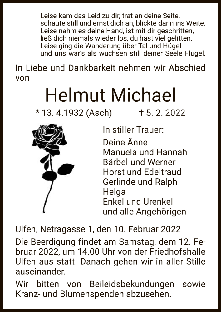  Traueranzeige für Helmut Michael vom 10.02.2022 aus WRS