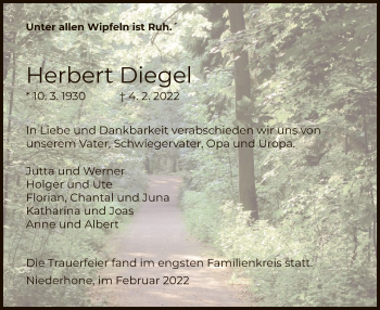 Traueranzeige von Herbert Diegel von WRS