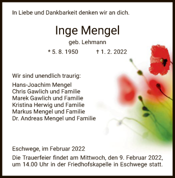 Traueranzeige von Inge Mengel von WRS