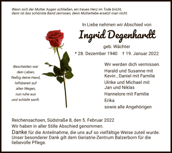 Traueranzeige von Ingrid Degenhardt von WRS