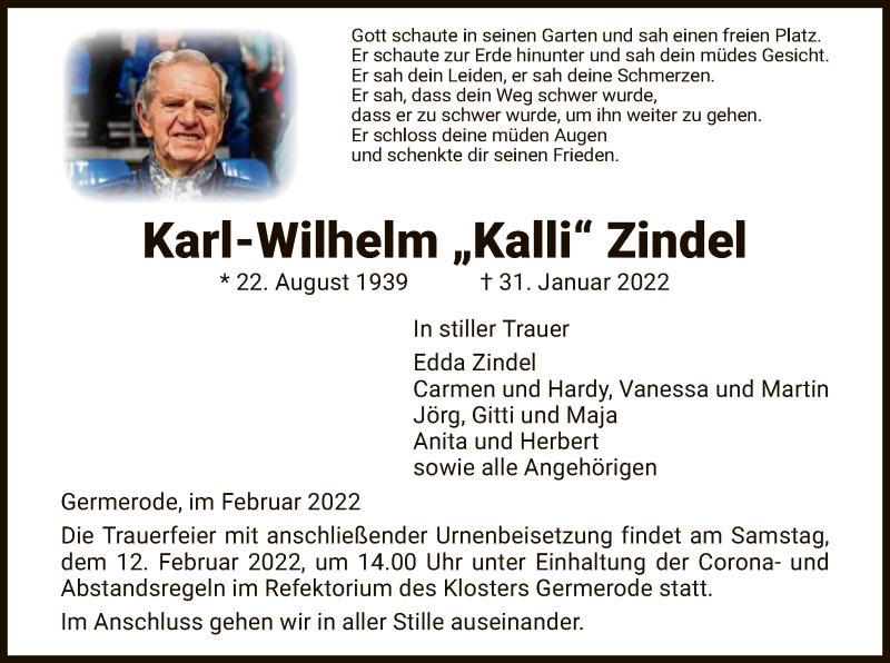  Traueranzeige für Karl-Wilhelm Zindel vom 09.02.2022 aus WRS