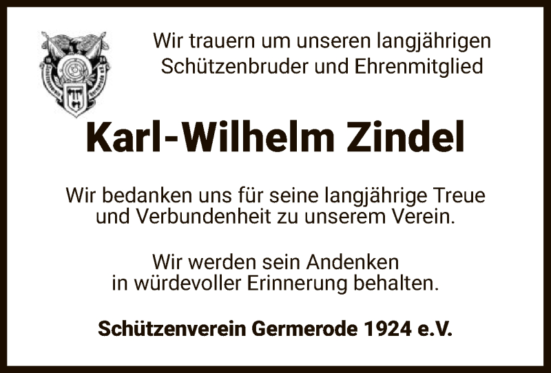  Traueranzeige für Karl-Wilhelm Zindel vom 12.02.2022 aus WRS