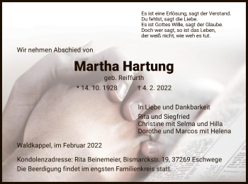 Traueranzeige von Martha Hartung von WRS