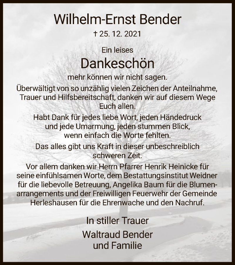  Traueranzeige für Wilhelm-Ernst Bender vom 05.02.2022 aus WRS