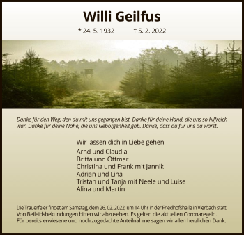 Traueranzeige von Willi Geilfus von WRS