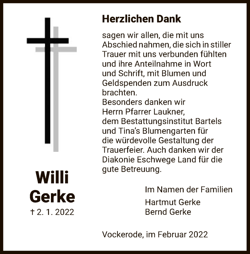  Traueranzeige für Willi Gerke vom 05.02.2022 aus WRS