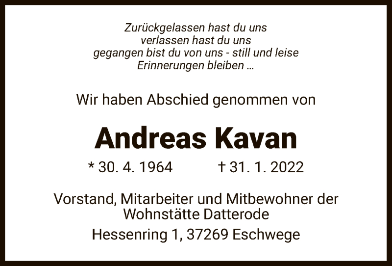  Traueranzeige für Andreas Kavan vom 05.03.2022 aus WRS