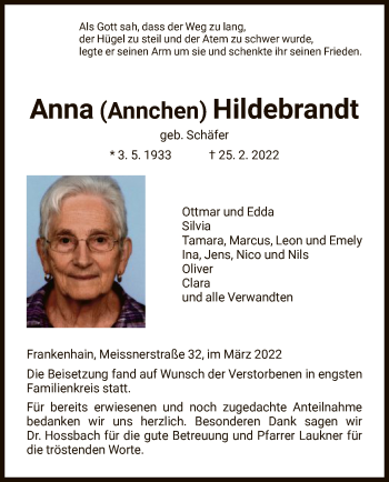 Traueranzeige von Anna Hildebrandt von HNA