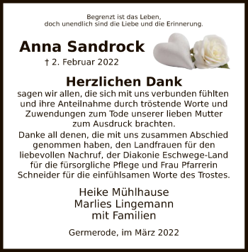 Traueranzeige von Anna Sandrock von WRS