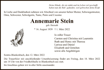 Traueranzeige von Annemarie Stein von WRS