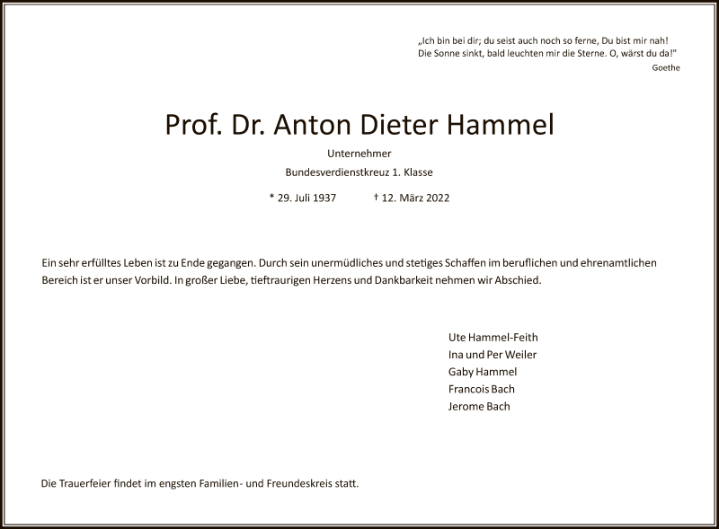  Traueranzeige für Anton Dieter Hammel vom 19.03.2022 aus WRS