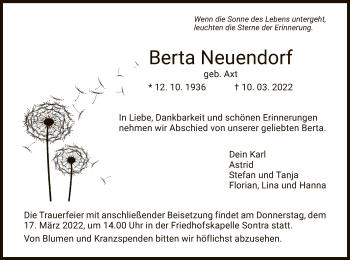 Traueranzeige von Berta Neuendorf von WRS