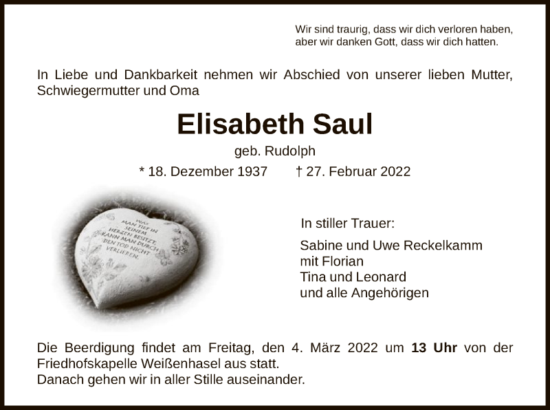  Traueranzeige für Elisabeth Saul vom 02.03.2022 aus HNA