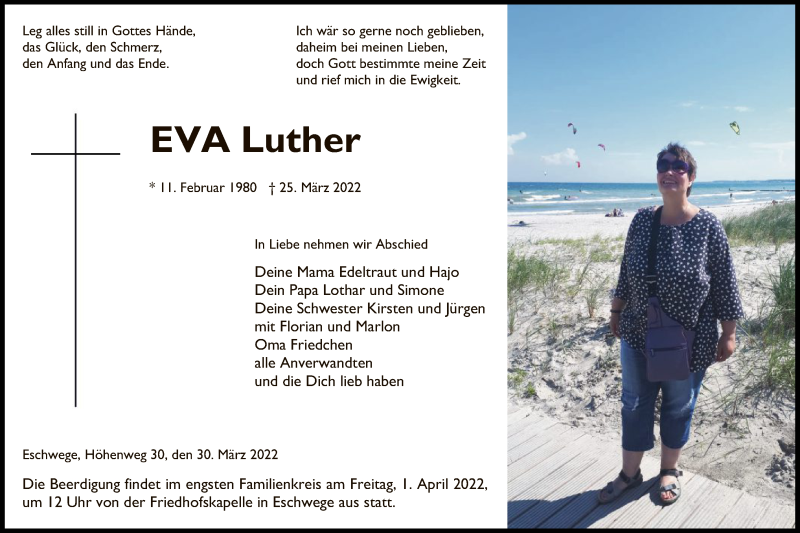  Traueranzeige für Eva Luther vom 30.03.2022 aus WRS
