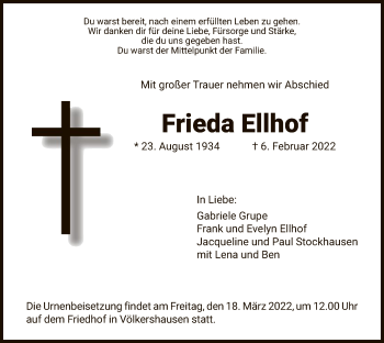 Traueranzeige von Frieda Ellhof von WRS