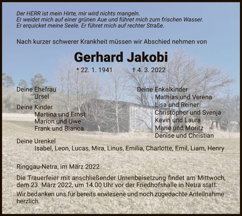  Traueranzeige für Gerhard Jakobi vom 19.03.2022 aus WRS