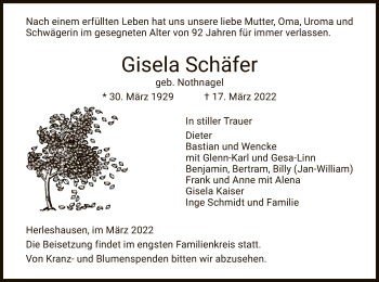 Traueranzeige von Gisela Schäfer von WRS