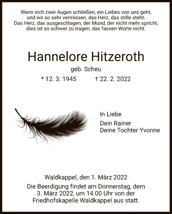 Traueranzeige von Hannelore Hitzeroth von WRS