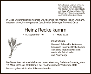 Traueranzeige von Heinz Reckelkamm von WRS