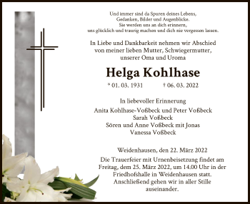 Traueranzeige von Helga Kohlhase von WRS