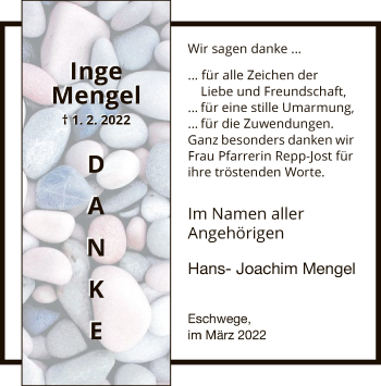 Traueranzeige von Inge Mengel von WRS