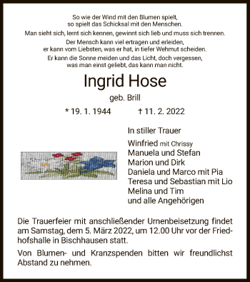 Traueranzeige von Ingrid Hose von WRS