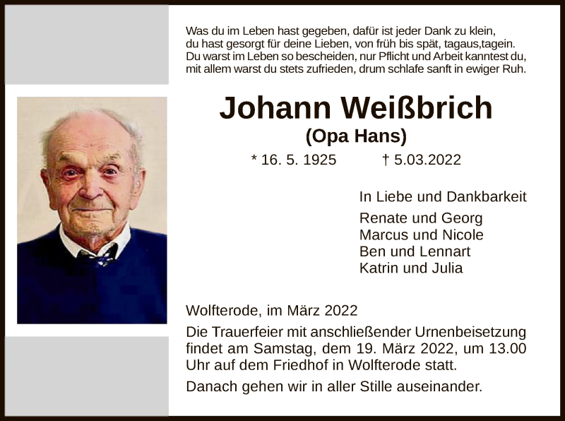  Traueranzeige für Johann Weißbrich vom 16.03.2022 aus WRS