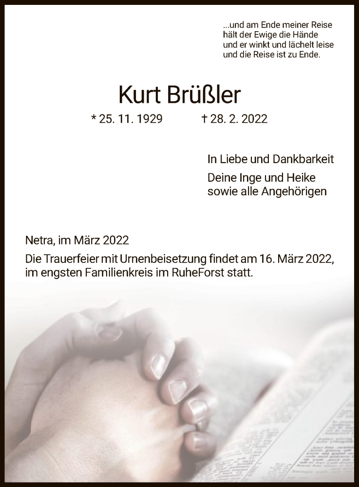  Traueranzeige für Kurt Brüßler vom 05.03.2022 aus WRS