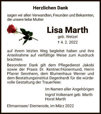 Traueranzeige von Lisa Marth von WRS