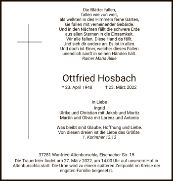 Traueranzeige von Ottfried Hosbach von WRS