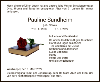 Traueranzeige von Pauline Sundheim von WRS