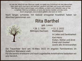 Traueranzeige von Rita Barthel von WRS