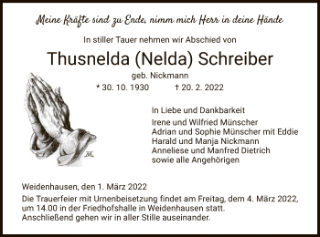 Traueranzeige von Thusnelda Schreiber von WRS