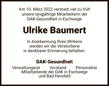 Traueranzeige von Ulrike Baumert von WRS