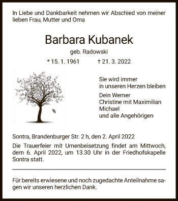 Traueranzeige von Barbara Kubanek von WRS