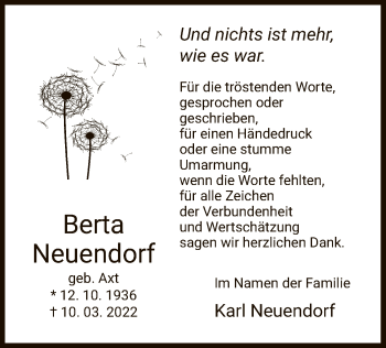 Traueranzeige von Berta Neuendorf von WRS