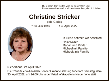 Traueranzeige von Christine Stricker von WRS