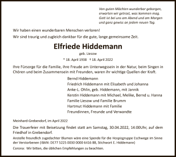Traueranzeige von Elfriede Hiddemann von WRS